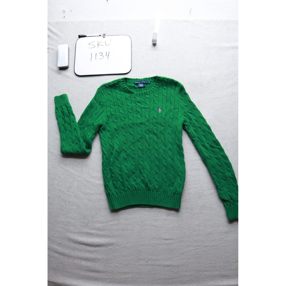 Ralph Lauren Sweater Womens M Green Cable Knit Cotton Crewneck Pink Pony 1134